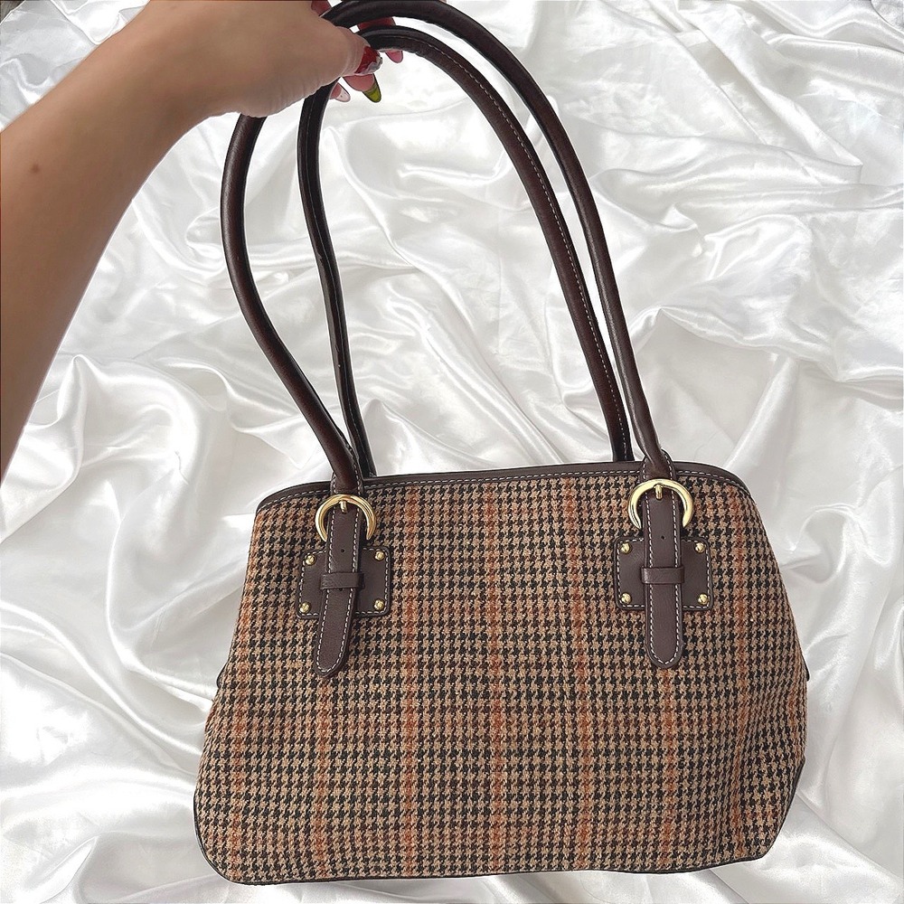 Craft & Barrow Brown Houndstooth Shoulder Bag Gold Hardware Fall Aesthetic